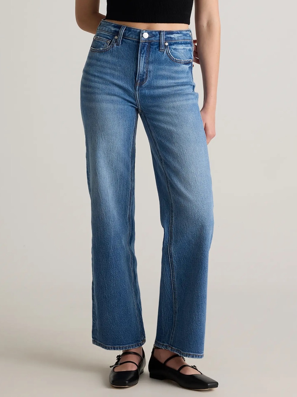 Quince Bella Stretch Relaxed Straight Jeans High Rise Atlantic Blue Denim-29xx32